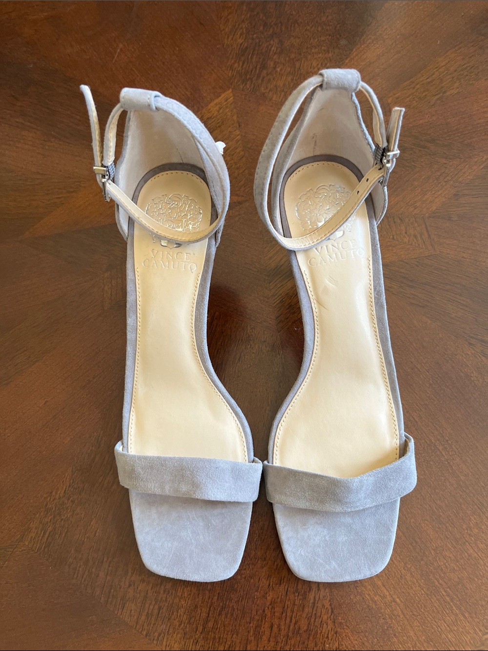 Vince Camuto Light Gray Suede Ankle-Strap Heels